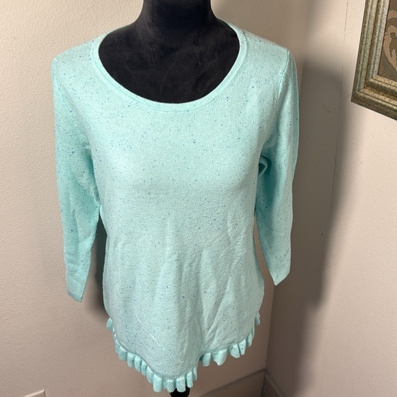 Talbots light aqua speckled ruffle hem 3/4 sleeves spring cotton blend sweater L - Picture 2 of 8